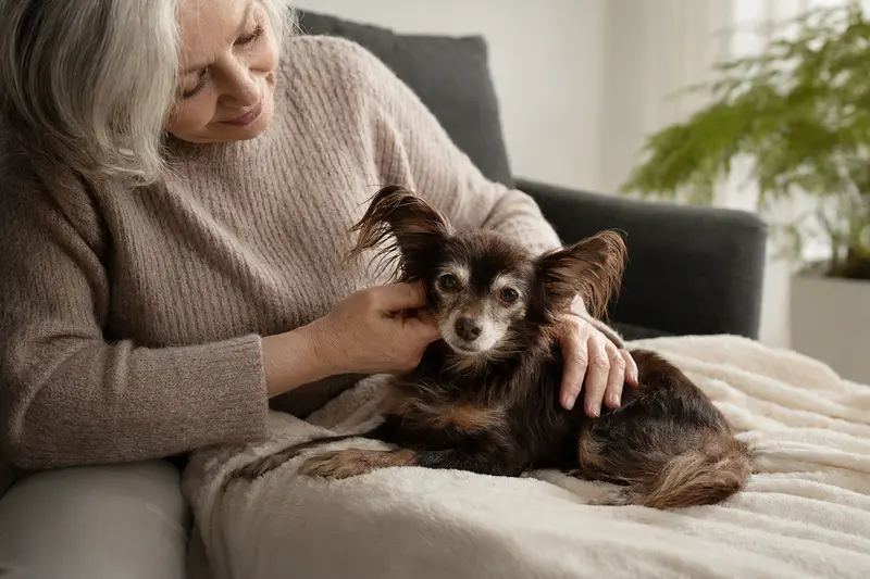 Ein älterer Russischer Toy Hund liegt entspannt auf einem gemütlichen Sofa, während sein Besitzer ihn liebevoll streichelt.