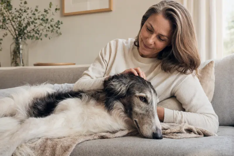 Älterer Russischer Windhund liegt entspannt auf einem Sofa, während sein Besitzer ihn liebevoll streichelt.