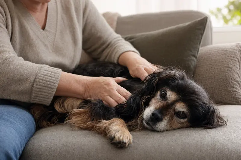 Ein älterer Russischer Zwergspaniel liegt entspannt auf dem Sofa, während sein Besitzer ihn liebevoll streichelt.