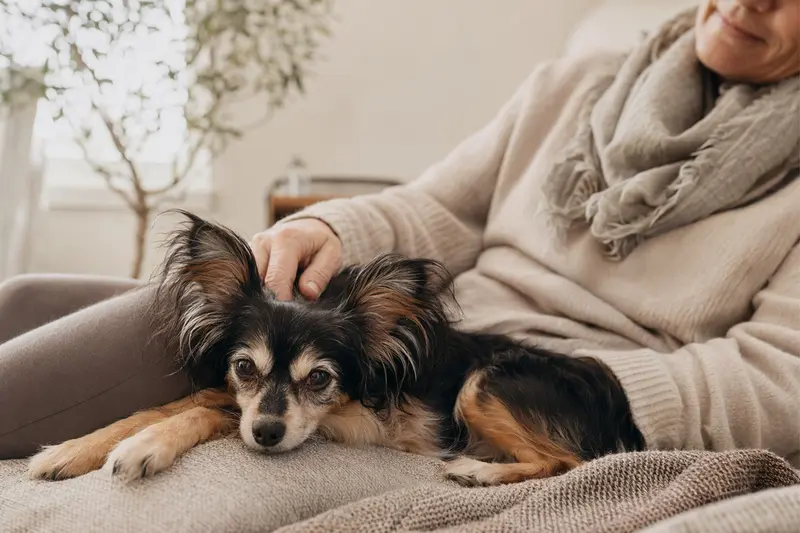 Ein älterer Russkiy Toy Hund liegt entspannt auf einem Sofa, während sein Besitzer ihn liebevoll streichelt.