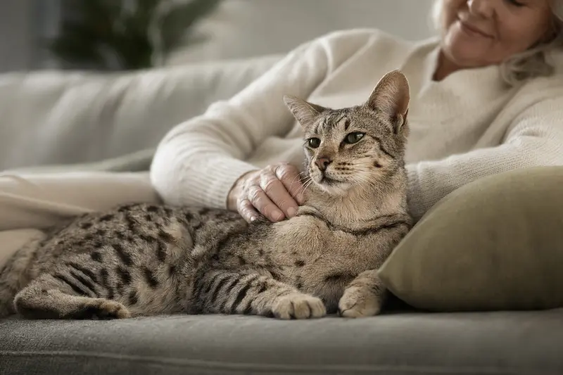 Eine entspannte ältere Safari Katze wird liebevoll von ihrem Besitzer auf einem gemütlichen Sofa gestreichelt.