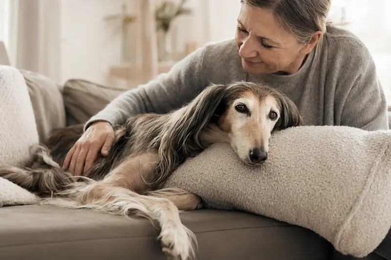 Ein älterer Saluki liegt entspannt auf einem Sofa, während sein Besitzer ihn liebevoll streichelt.