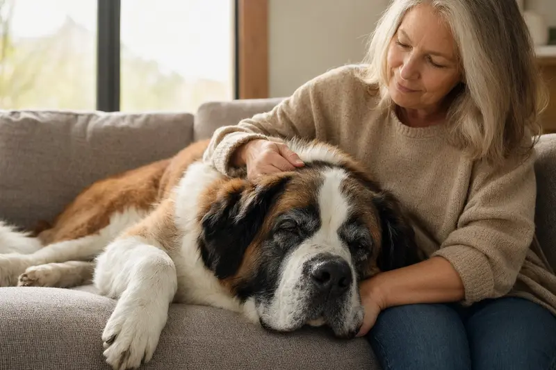 Ein älterer Sankt Bernhardshund liegt entspannt auf einem gemütlichen Sofa, während sein Besitzer ihn liebevoll streichelt, was eine ruhige Hundepflege und Geborgenheit im Zuhause vermittelt.