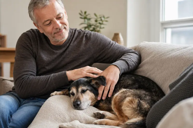 Ein älterer Sanshu Hund liegt entspannt auf einem gemütlichen Sofa, während sein Besitzer ihn liebevoll streichelt.
