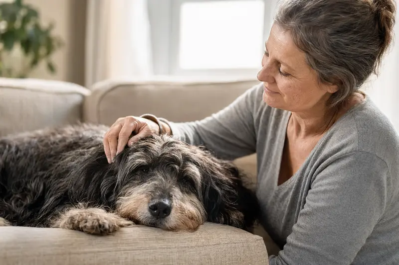 Älterer Sapsali Hund liegt entspannt auf einem Sofa, während sein Besitzer ihn liebevoll streichelt, als Symbol für Hundegesundheit und Geborgenheit.
