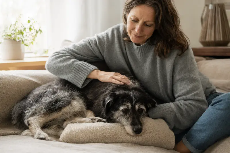 Älterer Sapsaree-Hund liegt entspannt auf dem Sofa, während sein Besitzer ihn liebevoll streichelt.
