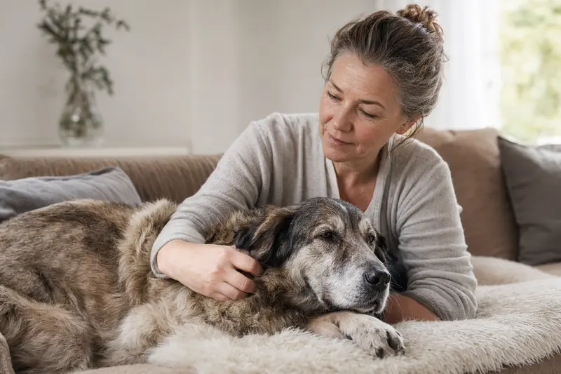 Älterer Sarplaninac Hund liegt entspannt auf dem Sofa, während sein Besitzer ihn liebevoll streichelt.