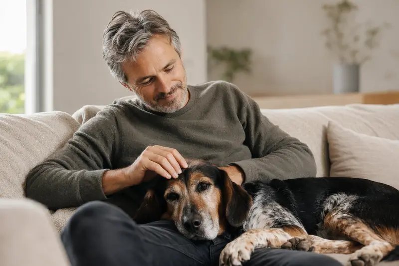 Ein älterer Sauerländer Bracke liegt entspannt auf einem Sofa, während sein Besitzer ihn liebevoll streichelt, in einer warmen und sicheren Wohnatmosphäre.