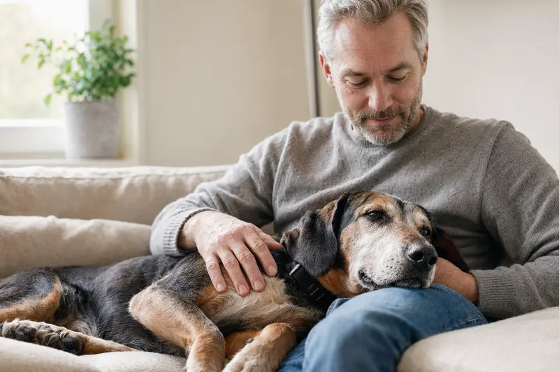 Ein älterer Bracke-Hund liegt entspannt auf einem Sofa, während sein Besitzer ihn liebevoll streichelt, was Geborgenheit und Fürsorge im Zuhause vermittelt.