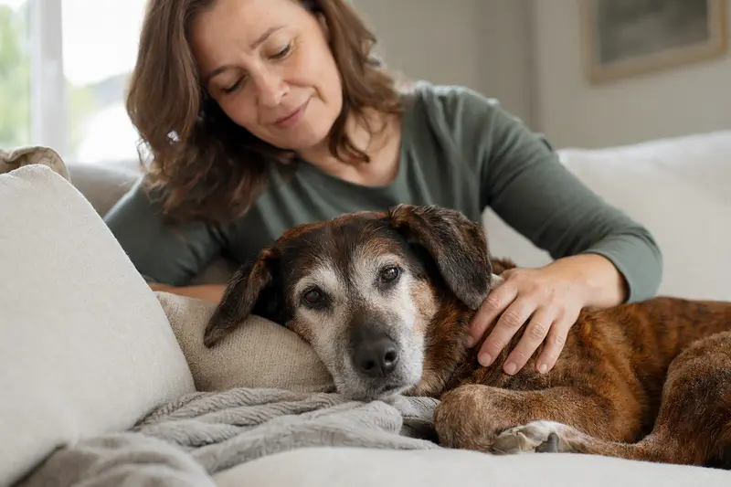 Ein älterer Savetal Bracke Hund liegt entspannt auf einem Sofa, während sein Besitzer ihn liebevoll streichelt und so Geborgenheit und Fürsorge vermittelt.