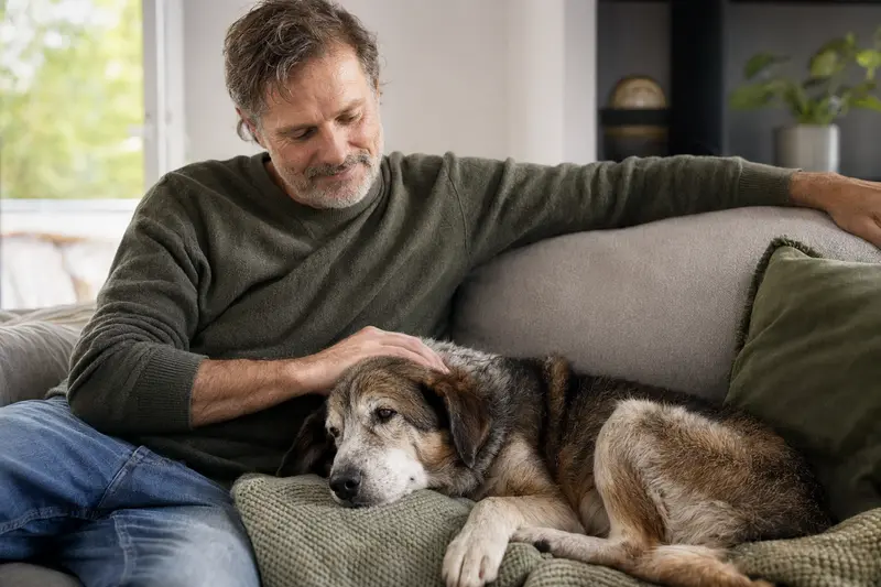 Ein älterer Scandinavian Hound liegt entspannt auf einem Sofa, während sein Besitzer ihn liebevoll streichelt, was Geborgenheit und Fürsorge im Alltag mit Hund vermittelt.
