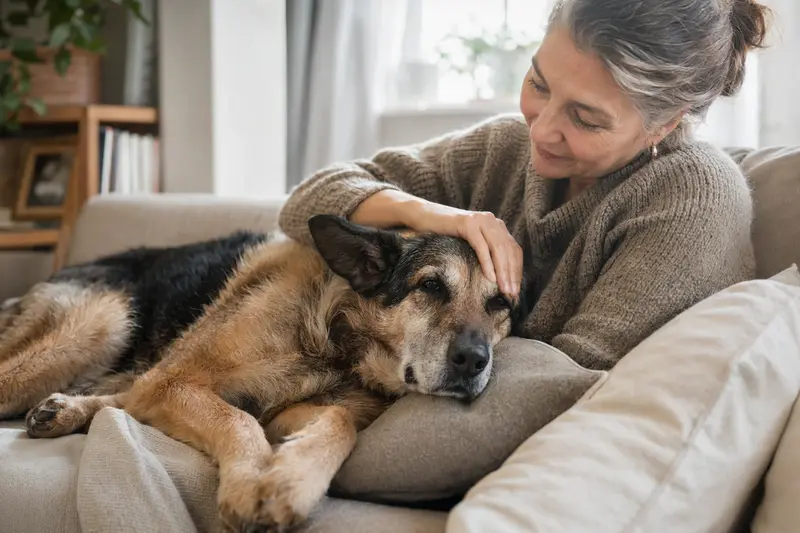Älterer Schäferhund liegt entspannt auf einem Sofa, während sein Besitzer ihn liebevoll streichelt.