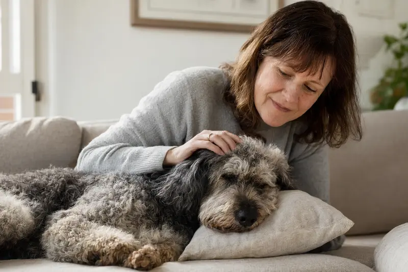 Älterer Schafpudel liegt entspannt auf einem Sofa, während sein Besitzer ihn liebevoll streichelt, was eine Atmosphäre von Geborgenheit und Hundegesundheit vermittelt.