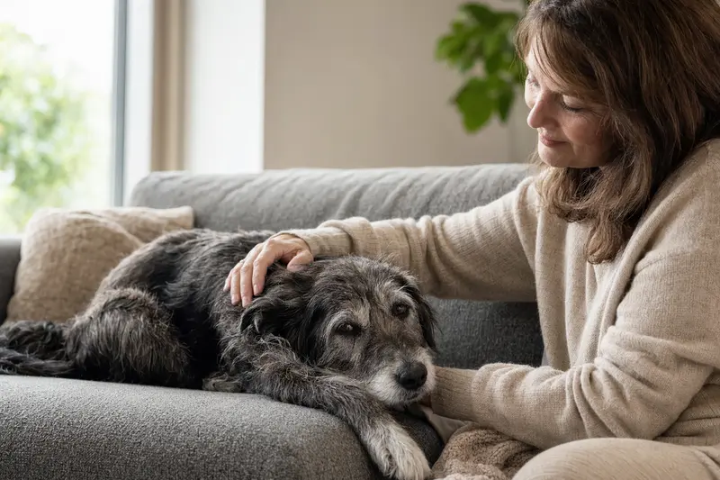 Älterer Schensi Hund entspannt auf einem Sofa, während sein Besitzer ihn liebevoll streichelt – ein Bild von Fürsorge und Sicherheit im Zuhause.