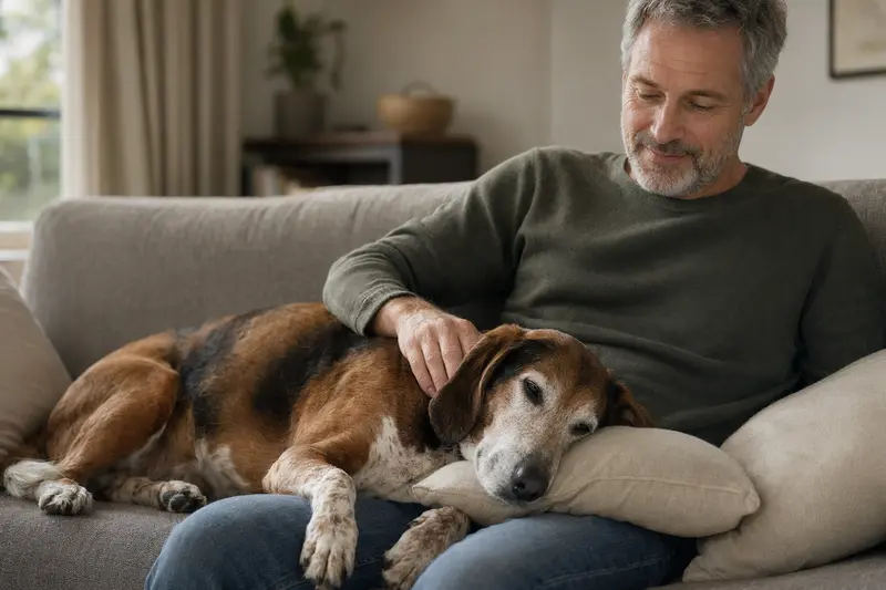 Ein älterer Schiller-Bracke Hund liegt entspannt auf einem Sofa, während sein Besitzer ihn liebevoll streichelt.