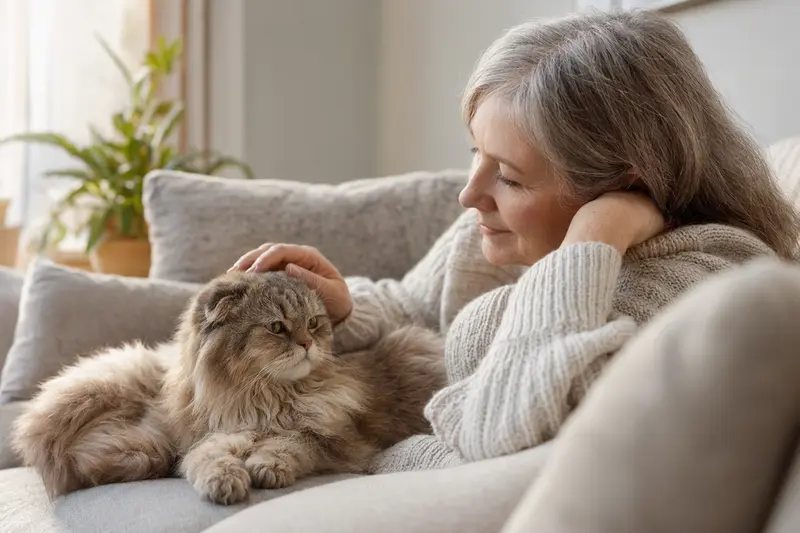 Eine ältere schottische Faltohr Langhaarkatze wird liebevoll von ihrem Besitzer auf einem gemütlichen Sofa gestreichelt.