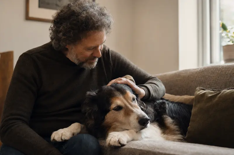 Ein älterer Schottischer Schäferhund liegt entspannt auf einem Sofa, während sein Besitzer ihn liebevoll streichelt.