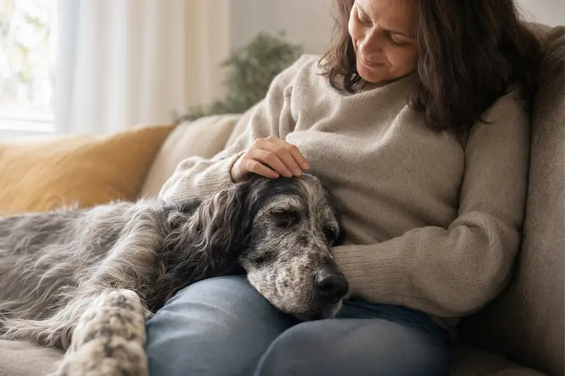 Ein älterer Schottischer Setter liegt entspannt auf dem Sofa, während sein Besitzer ihn liebevoll streichelt.