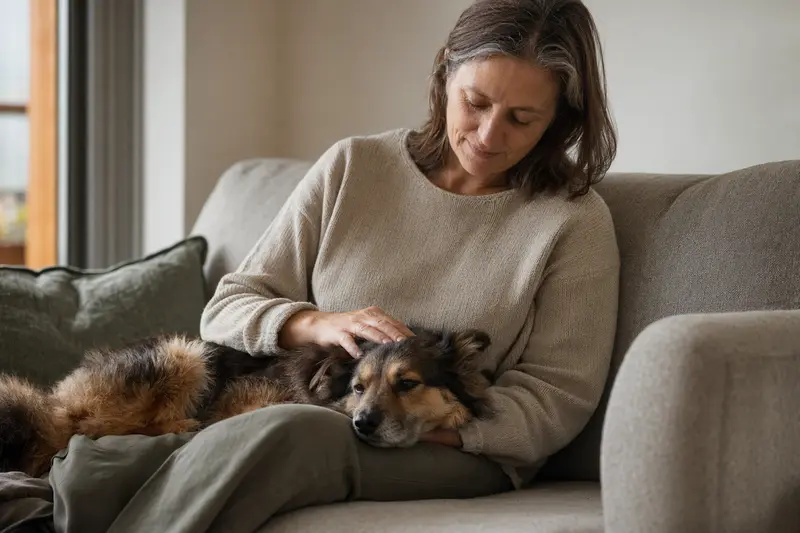 Älterer Waschbärenhund entspannt auf einem Sofa, während sein Besitzer ihn liebevoll streichelt – ein Bild von Fürsorge und Sicherheit im Alltag.