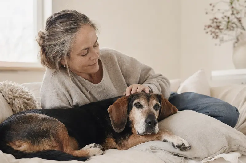 Ein älterer Schwedische Dachsbracke Hund liegt entspannt auf einem Sofa, während sein Besitzer ihn liebevoll streichelt.
