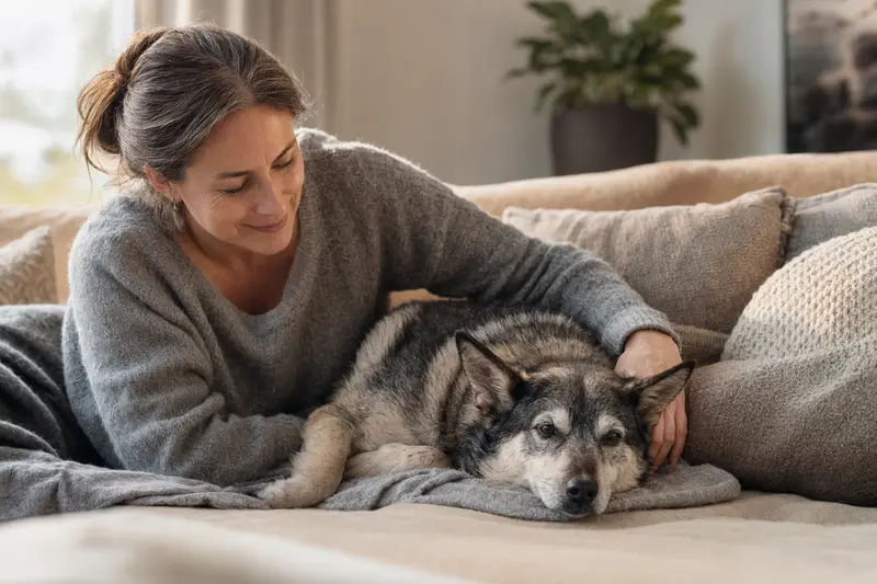 Ein älterer Schwedischer Elchhund liegt entspannt auf einem gemütlichen Sofa, während sein Besitzer ihn liebevoll streichelt.