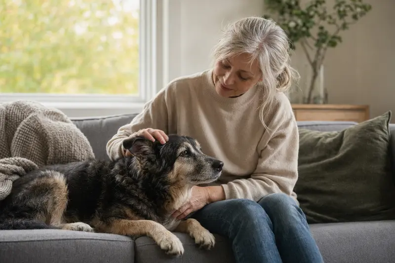 Ein älterer Schwedischer Schäferspitz liegt entspannt auf einem Sofa, während sein Besitzer ihn liebevoll streichelt.