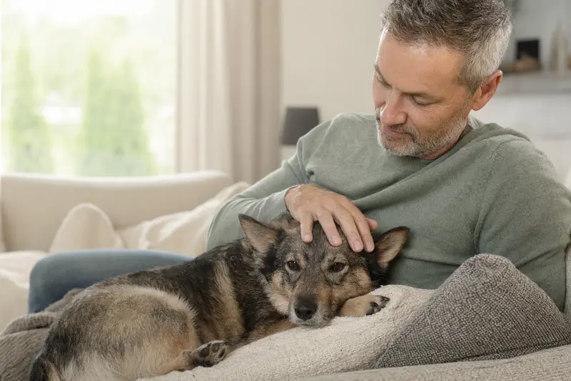 Älterer Schwedischer Vallhund liegt entspannt auf einem gemütlichen Sofa, während sein Besitzer ihn liebevoll streichelt.
