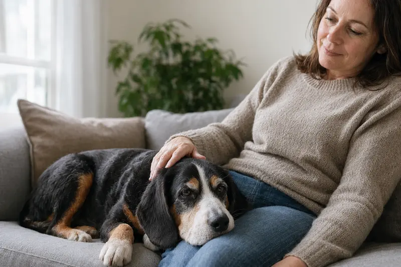 Ein älterer Schwyzer Laufhund liegt entspannt auf einem gemütlichen Sofa, während sein Besitzer ihn liebevoll streichelt.