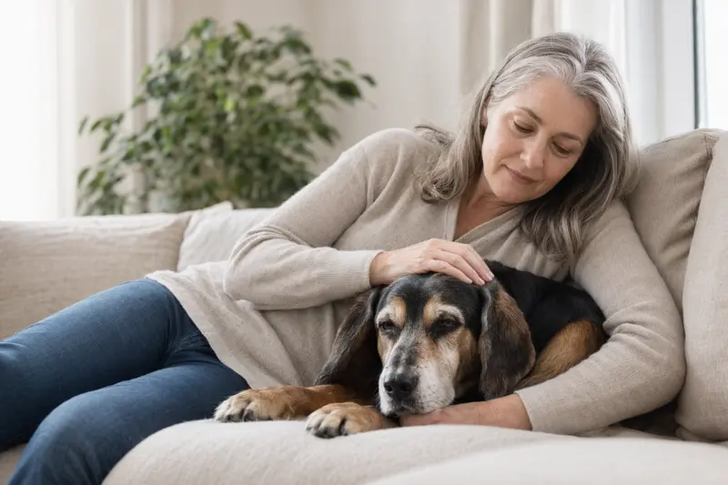Ein älterer Schwyzer Niederlaufhund liegt entspannt auf einem gemütlichen Sofa, während sein Besitzer ihn liebevoll streichelt.