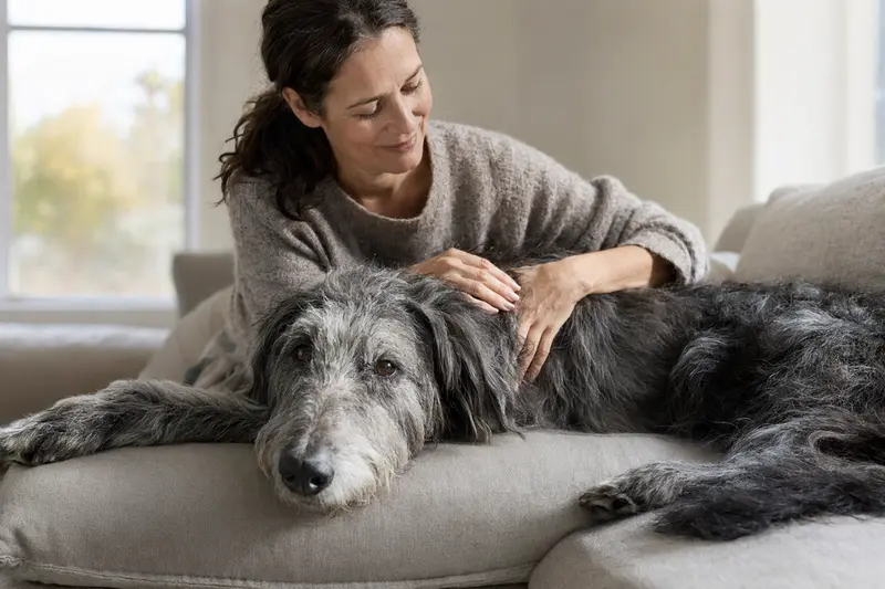 Ein älterer Scottish Deerhound liegt entspannt auf einem Sofa, während sein Besitzer ihn liebevoll streichelt.