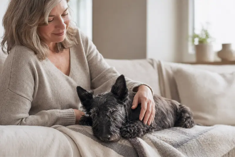 Ein älterer Scottish Terrier liegt entspannt auf dem Sofa, während sein Besitzer ihn liebevoll streichelt – ein Bild von Fürsorge und Sicherheit im Zuhause.