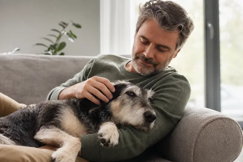Ein älterer Segugio-Hund liegt entspannt auf dem Sofa, während sein Besitzer ihn liebevoll streichelt.