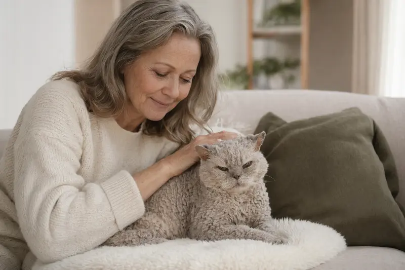 Eine ältere Selkirk Rex Kurzhaar Katze, die entspannt auf einem Sofa liegt, während ihr Besitzer sie liebevoll streichelt.