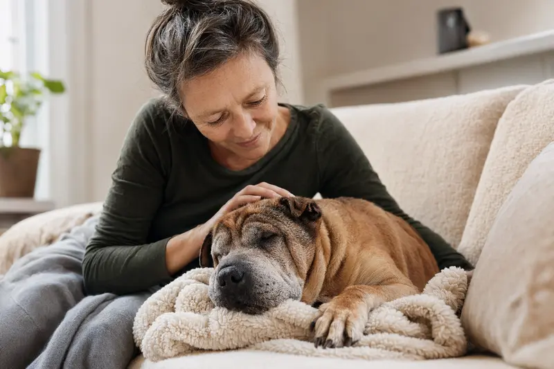 Älterer Shar-Pei Hund liegt entspannt auf einem Sofa, während sein Besitzer ihn liebevoll streichelt – ein Bild von Fürsorge und Sicherheit im Zuhause.