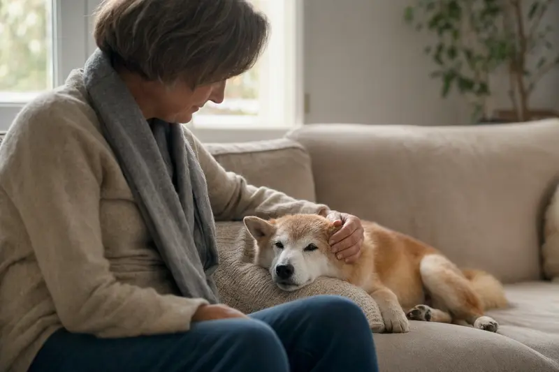 Ein älterer Shiba Inu liegt entspannt auf einem Sofa, während sein Besitzer ihn liebevoll streichelt.