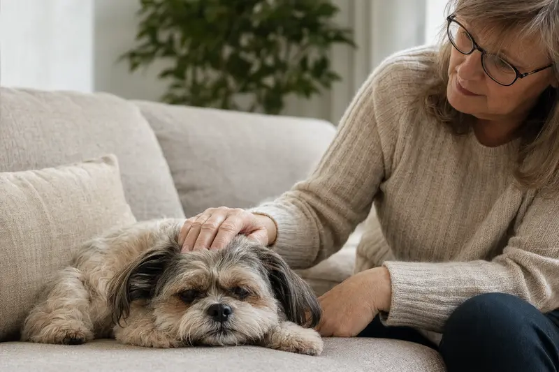 Älterer Shih Tzu liegt entspannt auf einem gemütlichen Sofa, während seine Besitzerin ihn liebevoll streichelt.