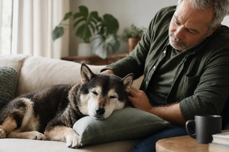 Ein älterer Shikoku Inu liegt entspannt auf dem Sofa, während sein Besitzer ihn liebevoll streichelt.