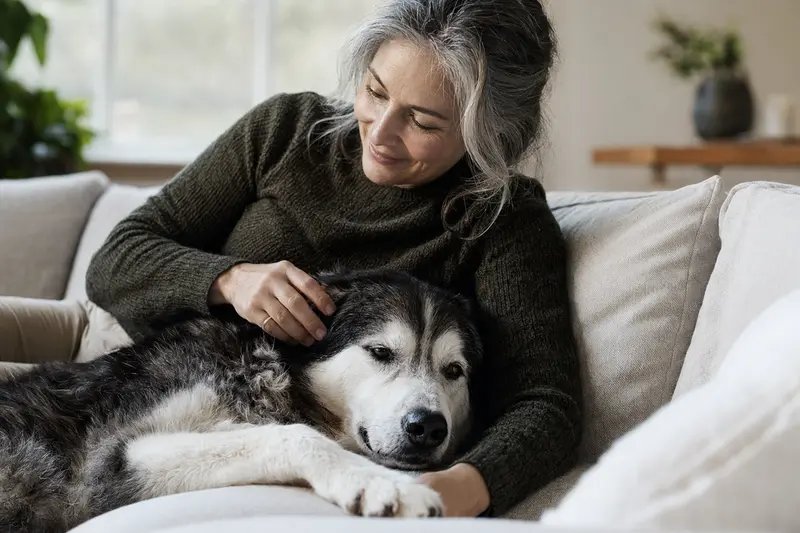 Älterer Siberian Husky liegt entspannt auf einem Sofa, während ihn sein Besitzer liebevoll streichelt.