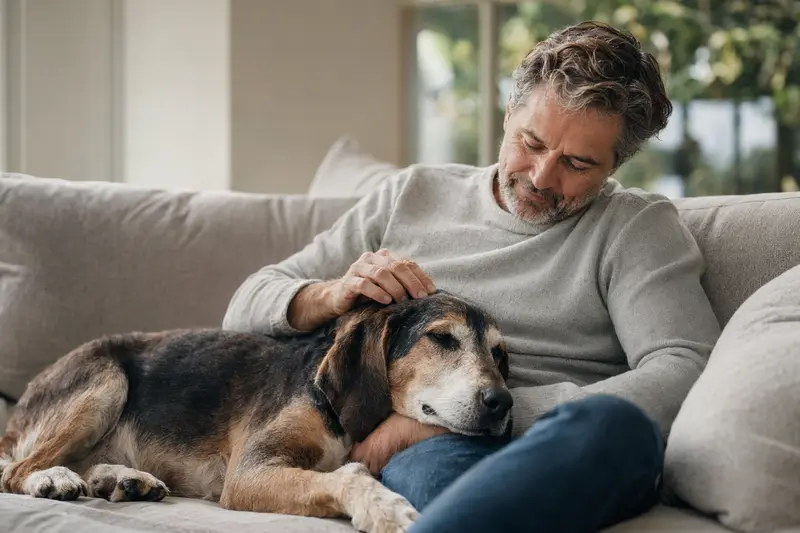 Älterer Siebenbürger Bracke liegt entspannt auf dem Sofa, während sein Besitzer ihn liebevoll streichelt.
