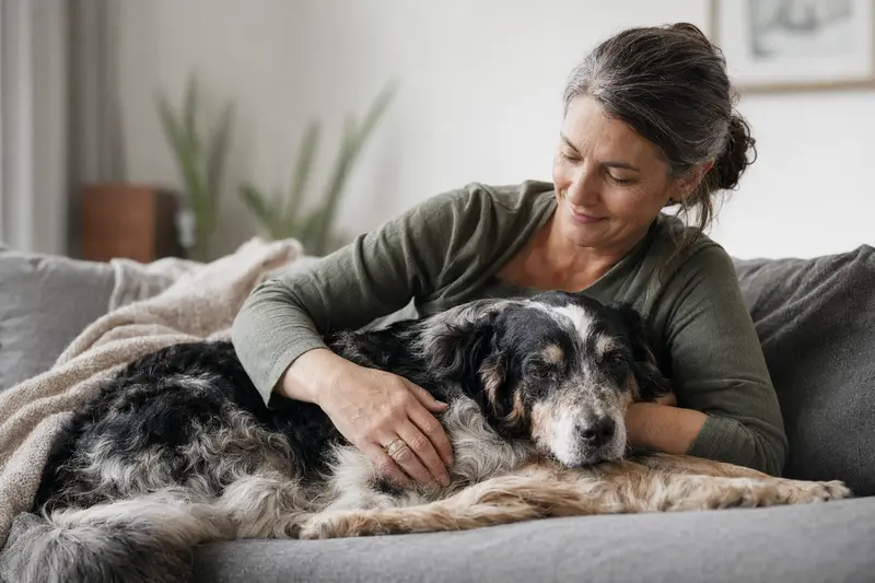 Ein älterer Hund liegt entspannt auf einem Sofa, während ihn sein Besitzer liebevoll streichelt, was Fürsorge und Sicherheit im Zuhause vermittelt.