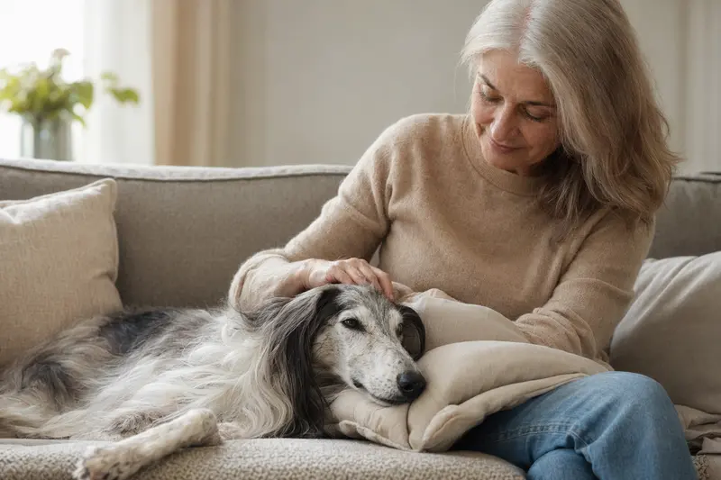 Ein älterer Silken Windhund liegt entspannt auf einem gemütlichen Sofa, während seine Besitzerin ihn liebevoll streichelt.