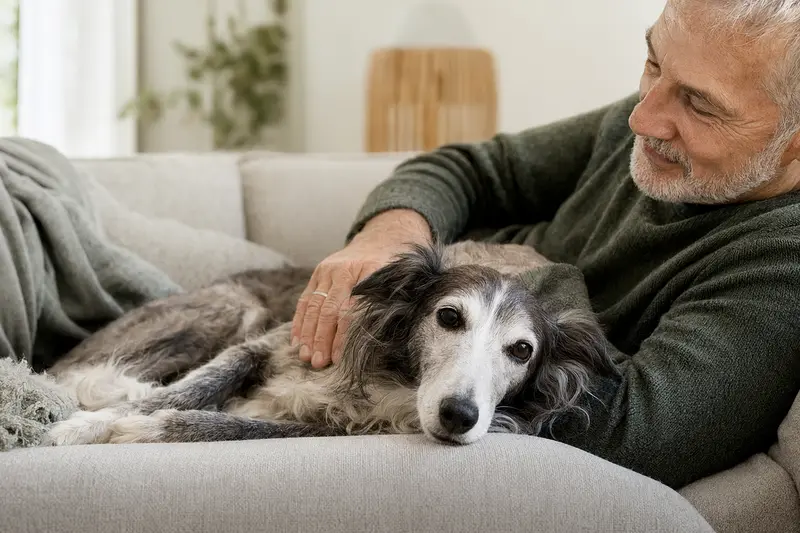 Ein älterer Silken Windsprite liegt entspannt auf einem Sofa, während sein Besitzer ihn liebevoll streichelt, in einer warmen und sicheren Wohnatmosphäre.