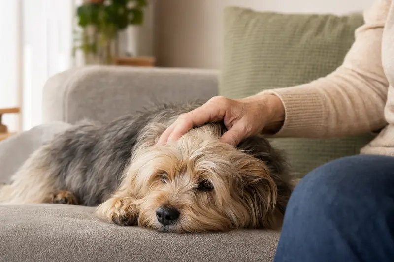 Ein älterer Silky Terrier liegt entspannt auf einem Sofa, während sein Besitzer ihn liebevoll streichelt und ein ruhiges Zuhause vermittelt.