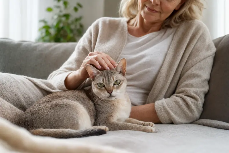Eine ältere Singapura Katze liegt entspannt auf einem Sofa, während ihr Besitzer sie liebevoll streichelt.