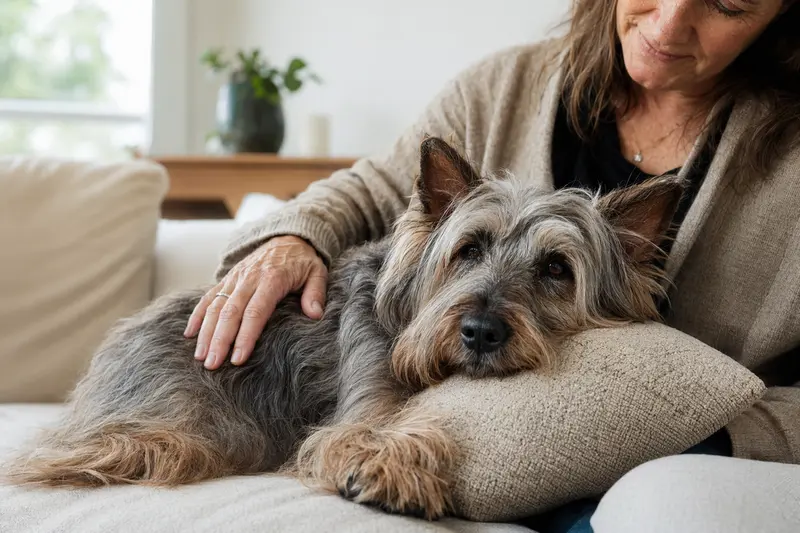 Älterer Skye Silky Terrier liegt entspannt auf dem Sofa, während sein Besitzer ihn liebevoll streichelt, was die Geborgenheit im Alltag mit Hund zeigt.