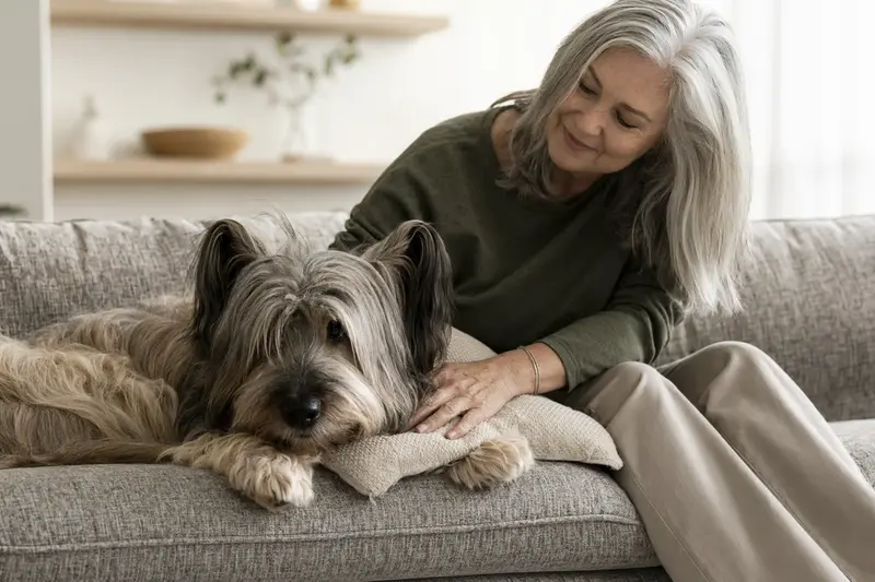 Ein älterer Skye Terrier liegt entspannt auf einem gemütlichen Sofa, während sein Besitzer ihn liebevoll streichelt.