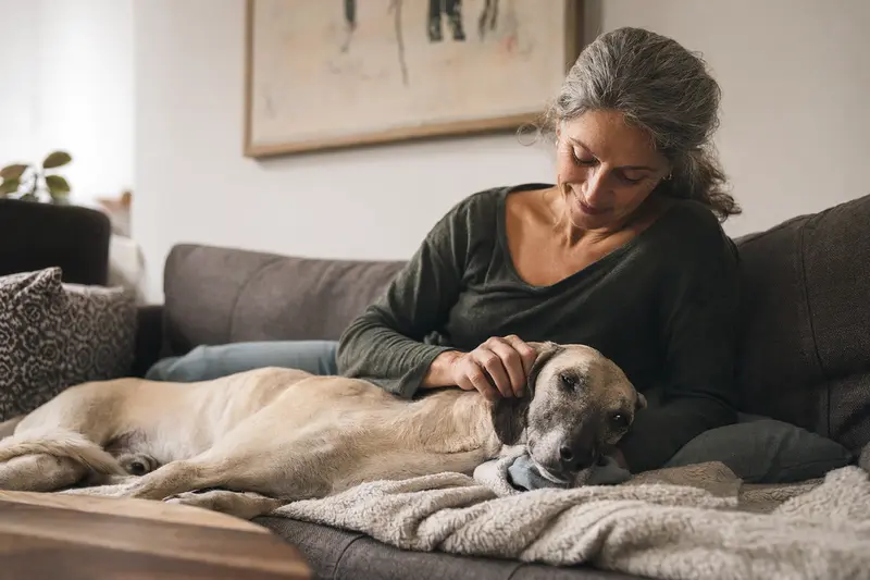 Ein älterer Sloughi Hund liegt entspannt auf einem Sofa, während sein Besitzer ihn liebevoll streichelt.