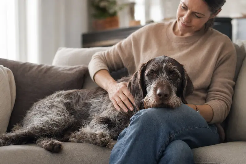 Älterer Slowakischer Vorstehhund mit drahtigem Fell liegt entspannt auf dem Sofa, während sein Besitzer ihn liebevoll streichelt.