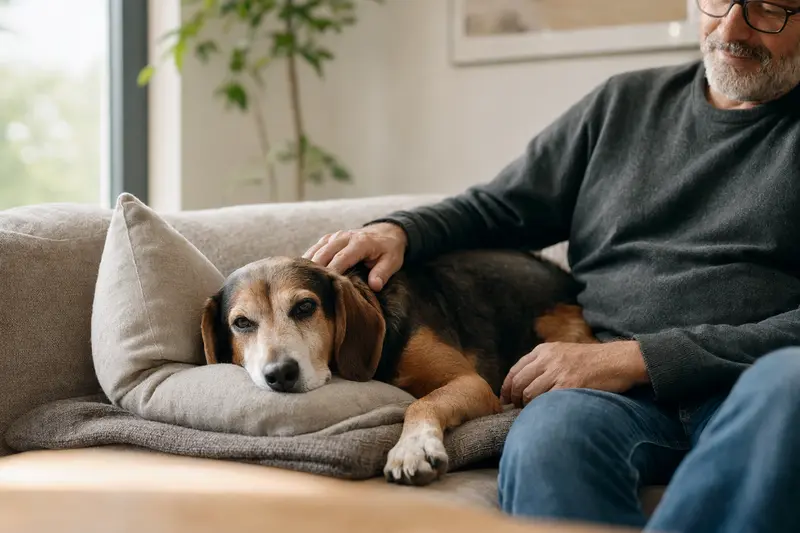 Ein älterer Smaland-Laufhund liegt entspannt auf einem Sofa, während sein Besitzer ihn liebevoll streichelt.