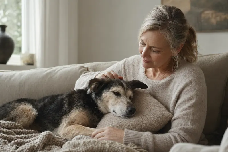 Älterer Small Greek Domestic Dog liegt entspannt auf einem Sofa, während sein Besitzer ihn liebevoll streichelt und damit Fürsorge und Sicherheit vermittelt.